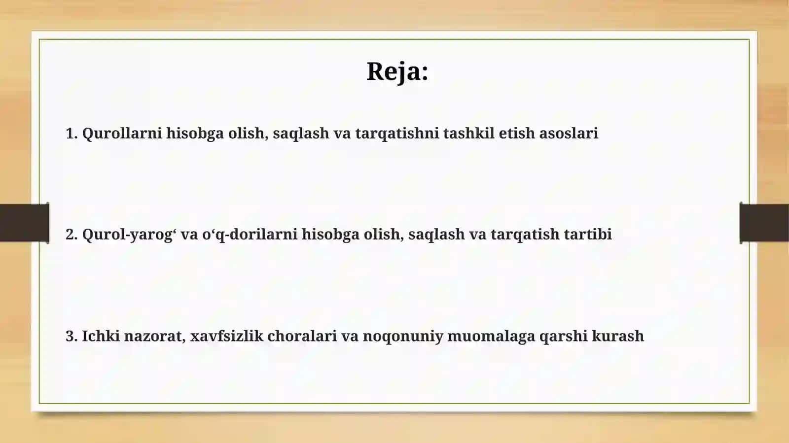 Qurol - aslaha va oʻq - dorilarni hisobga olish va saqlash, tarqatishni tashkiletish 2