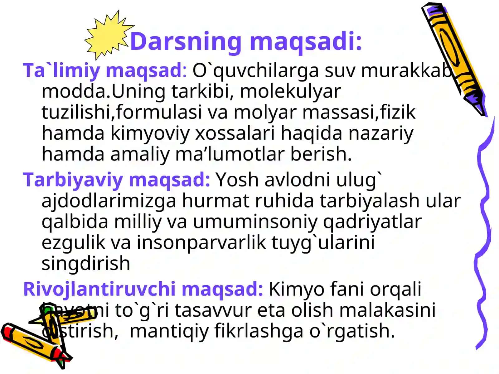 Suv - murakkab modda. Uning elementar tarkibi. Molekular tuzilishi, formulasi va molyar massasi. Suvning fizik va kimyoviy xossalari. 2