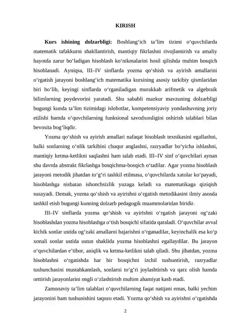 III-IV sinflarda yozma qo'shish va ayirishni o'rgatish metodikasi 2