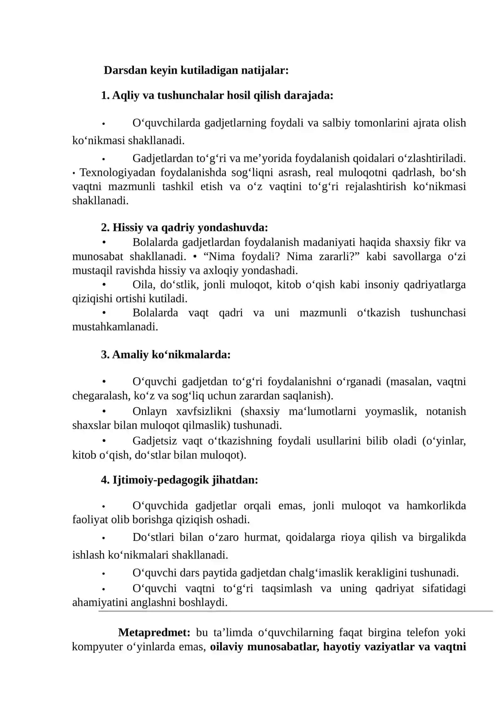 Darsining 1-4 sinflar uchun mashg‘ulot ssenariysi:  6-mavzu: “Gadjetlar” 2