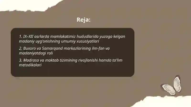 IX-Xll asrlarda mamlakatimiz hududlarida ro'y bergan madaniy uyg'onish (Renessans) 2
