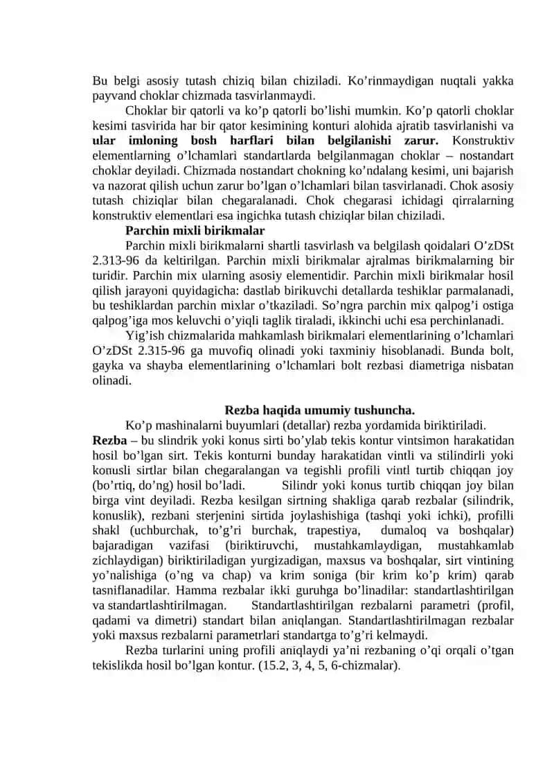 Rezbalarni chizmalarda  tasvirlanshi va belgilanishi O’z.DST 2.311-97.Standart biriktirish detallari. 2