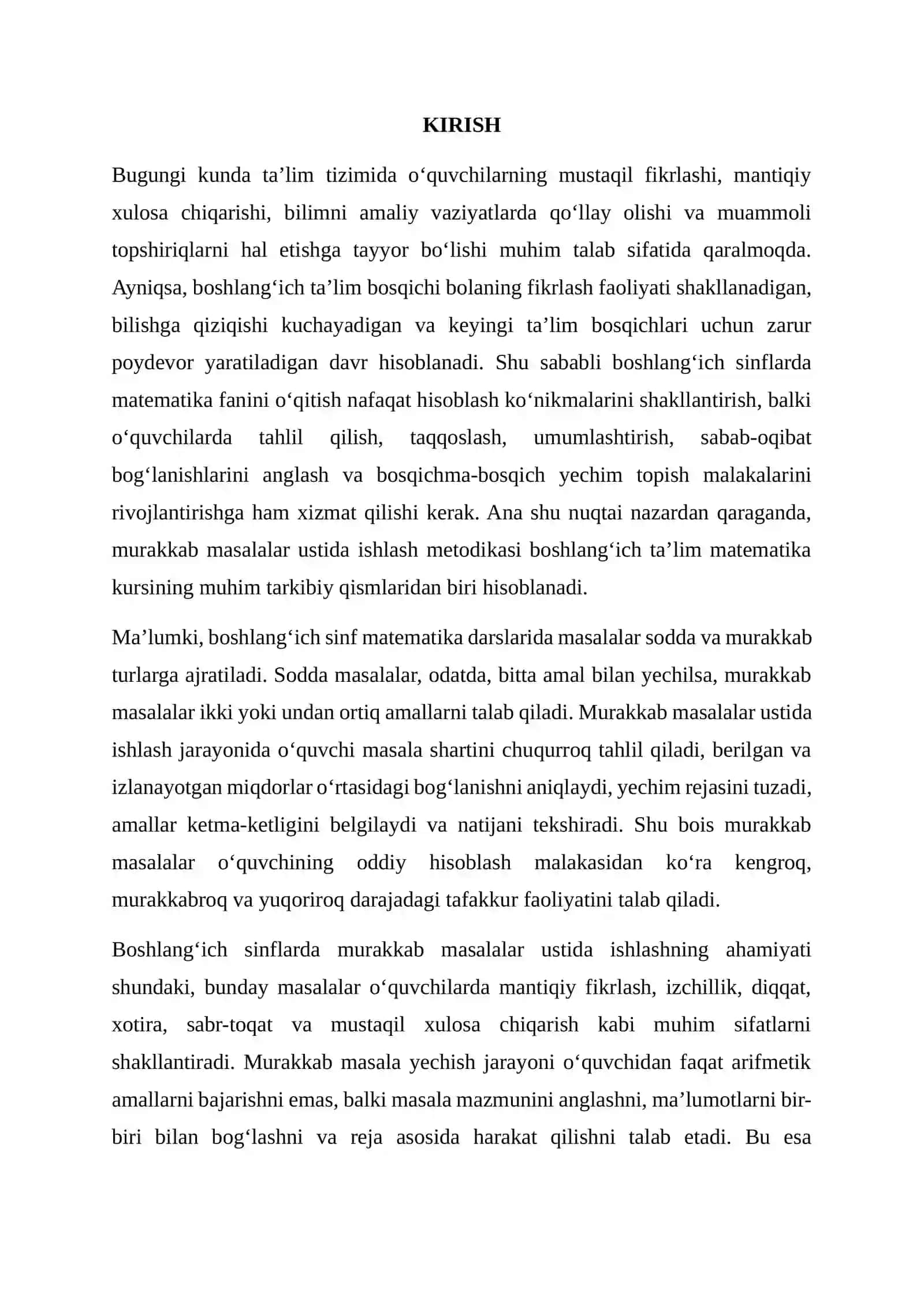 BOSHLANG‘ICH SINFLARDA MURAKKAB MASALALAR USTIDA ISHLASH 2