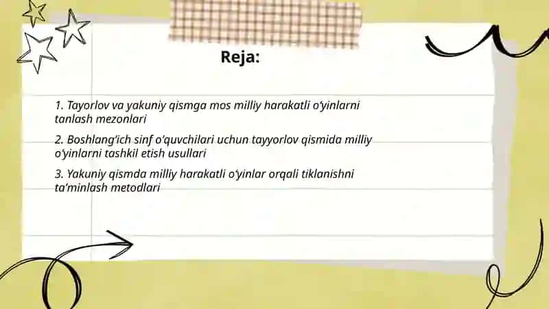 Milliy harakatli oʻyinlarni jismoniy tarbiya darsining tayorlov va yakuniy qismiga mos holda tanlash va tahlil qilish 2