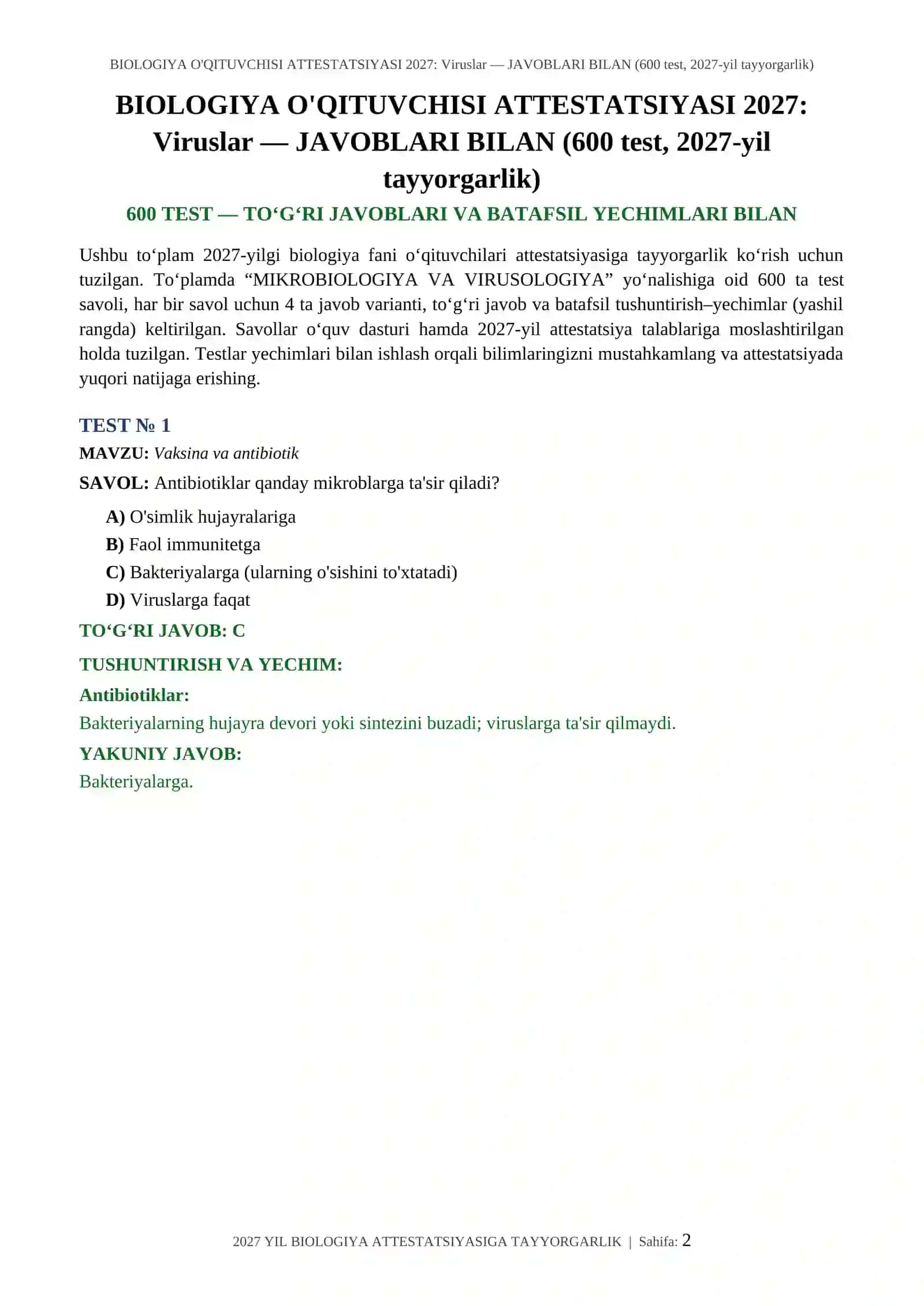 BIOLOGIYA O'QITUVCHISI ATTESTATSIYASI 2027: Viruslar — JAVOBLARI BILAN (600 test, 2027-yil tayyorgarlik) 2