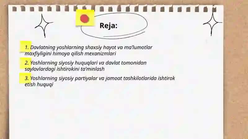 Davlat yoshlarning shaxsiy, siyosiy, iqtisodiy, ijtimoiy, madaniy, ekologik huquqlari himoya qilinishi 2