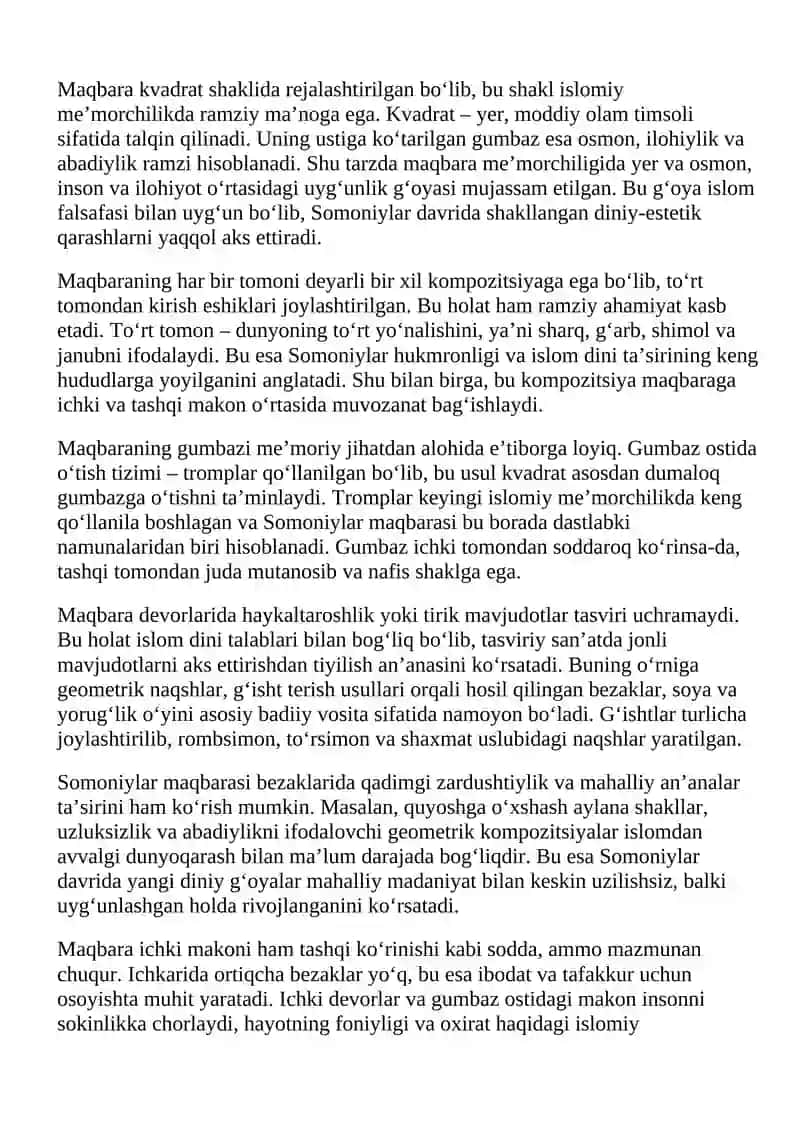 Somoniylar maqbarasi — ilk islomiy me’morchilik namunasi. 2