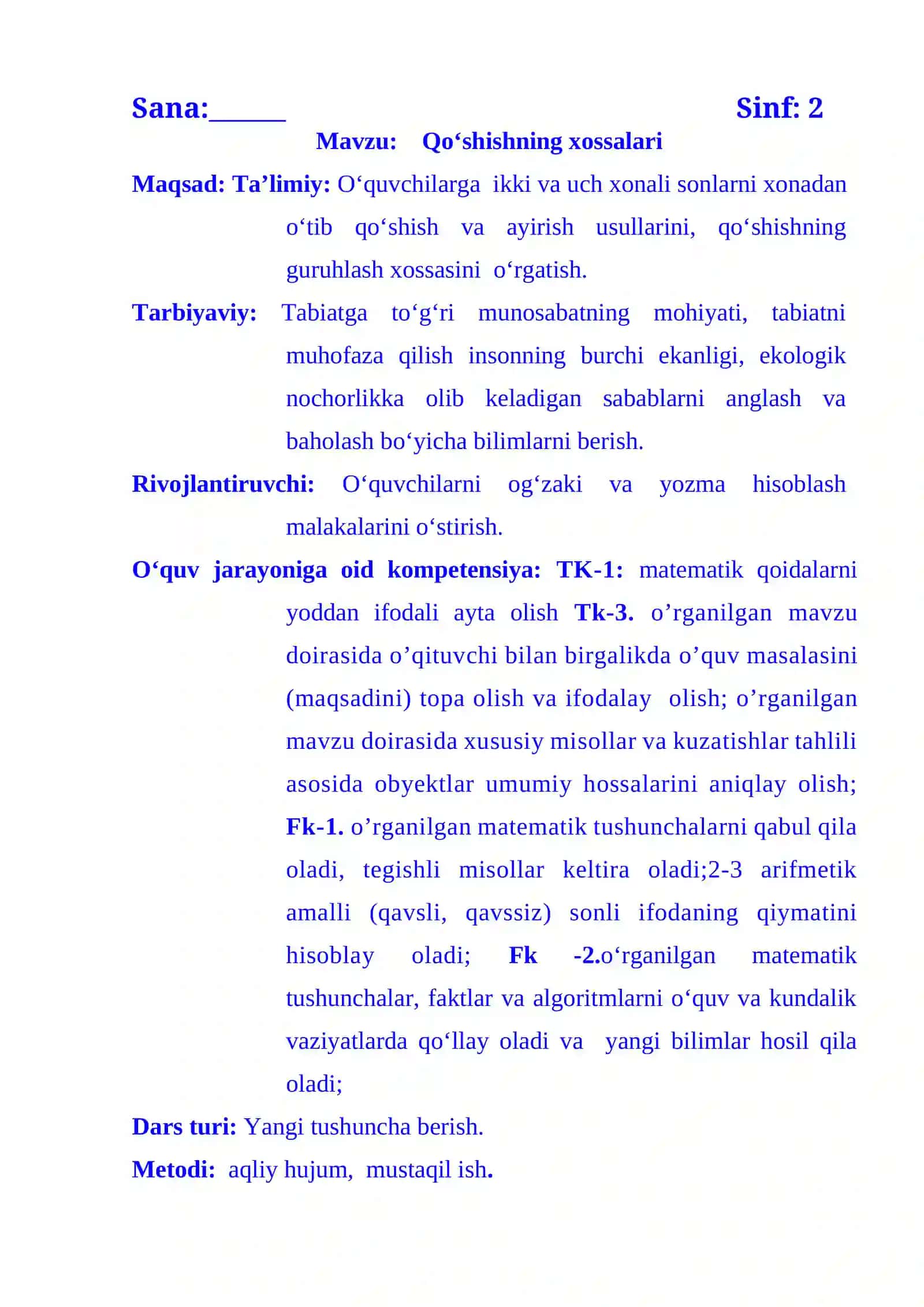 2-sinf matematika: Qoʻshishning xossalari dars ishlanma 1-chorak 2