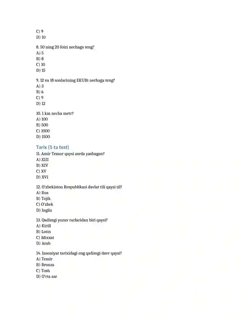 DTM majburiy 3 fan (ona tili, matematika, tarix) bo‘yicha 15 talik test Word faylda 4-namuna. 2