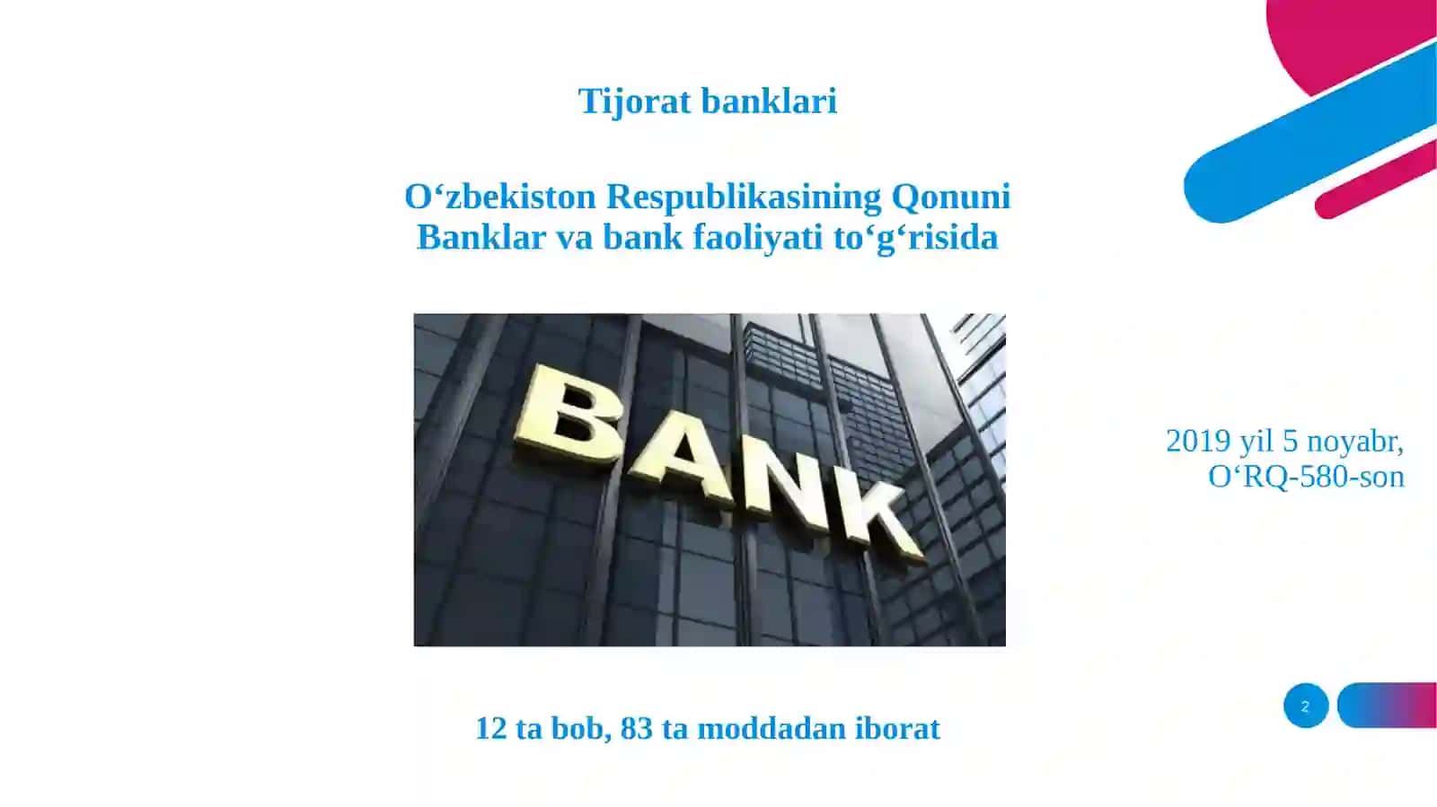Tijorat banklari faoliyatini tashkil qilish asoslari 2