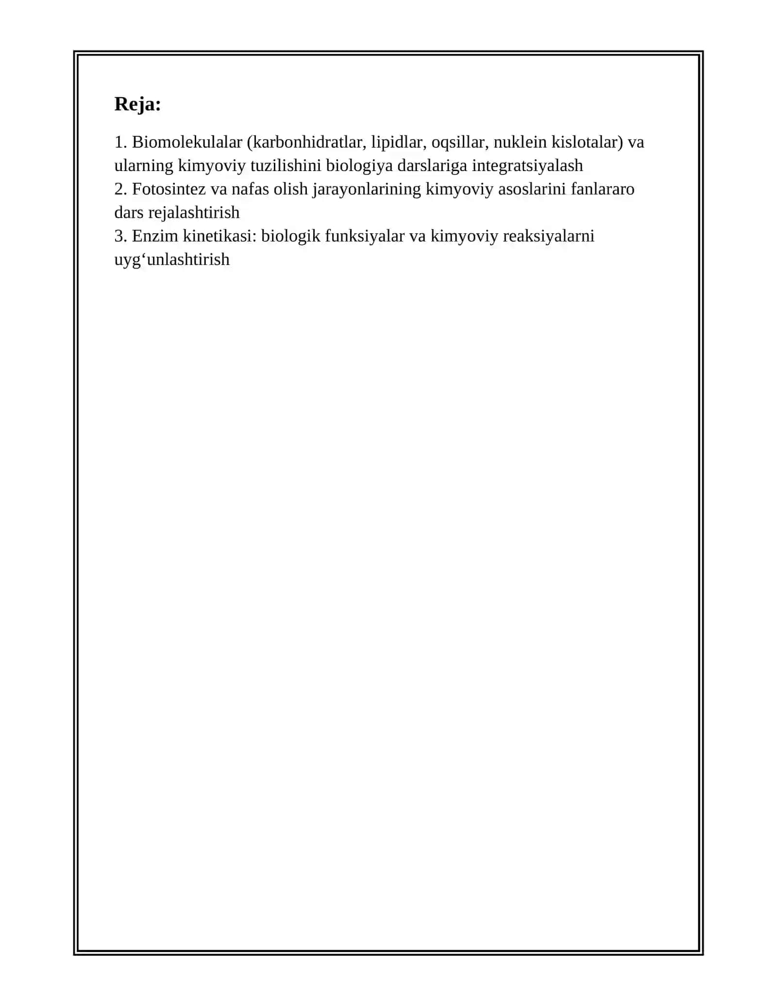 BIOLOGIYANI OʻQITISHDA KIMYO FANI BILAN FANLARARO BOGʻLANISHNI AMALGA OSHIRISH YOʻLLARI 2