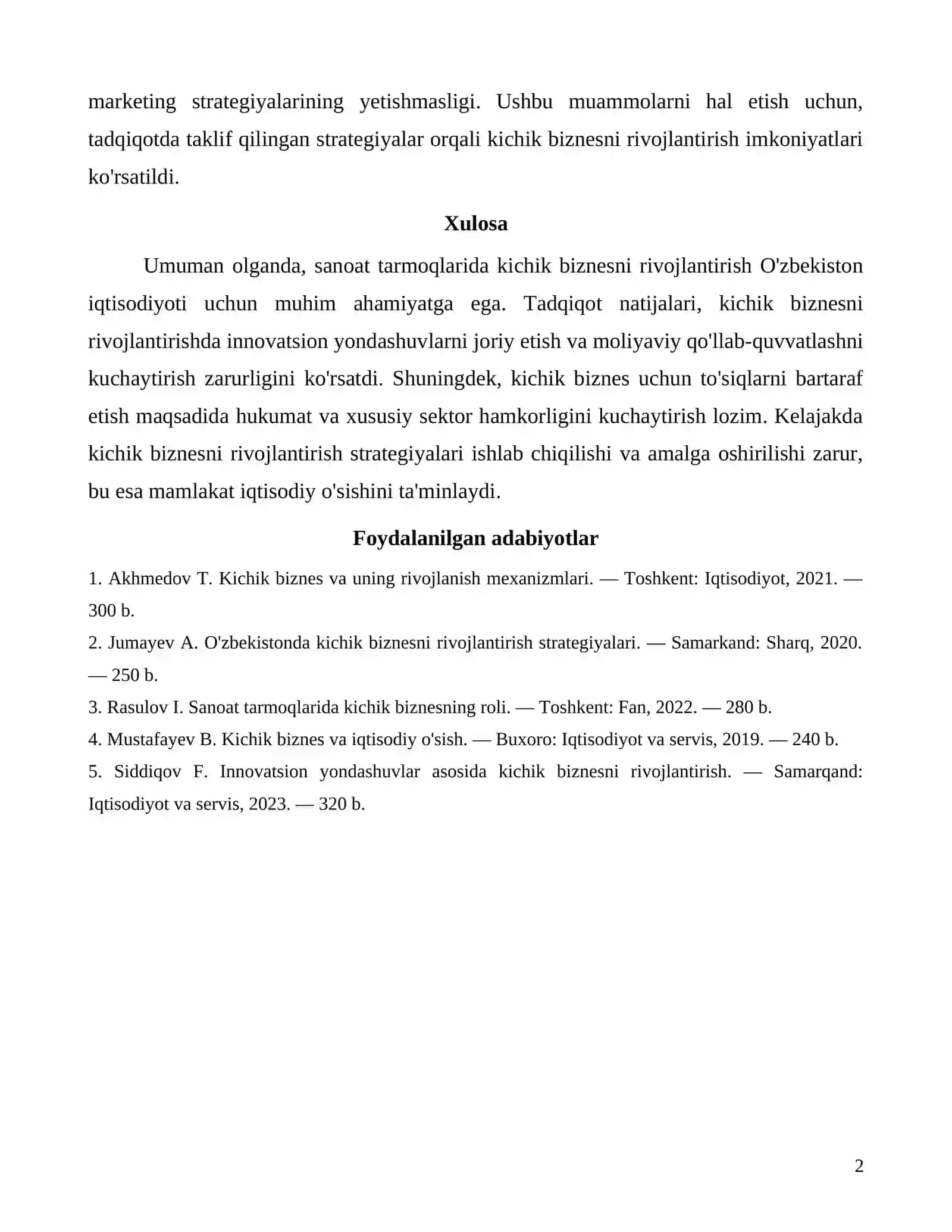 Sanoat tarmoqlarida kichik biznesni rivojlantirish yo'nalishlari 2