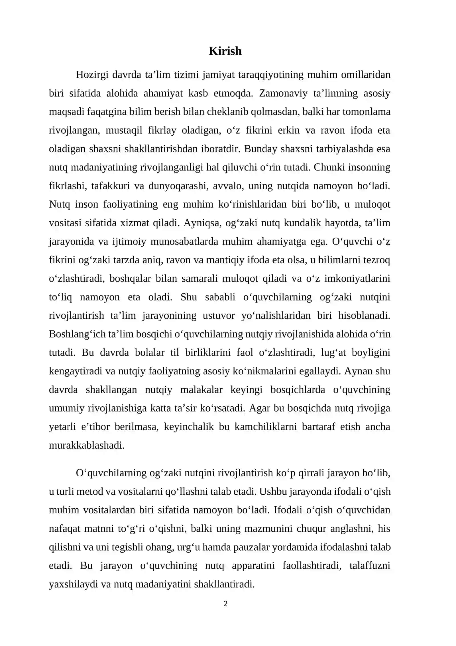 Ifodali o‘qishga o‘rgatish orqali o‘quvchilarning og‘zaki nutqini o‘stirish. 2