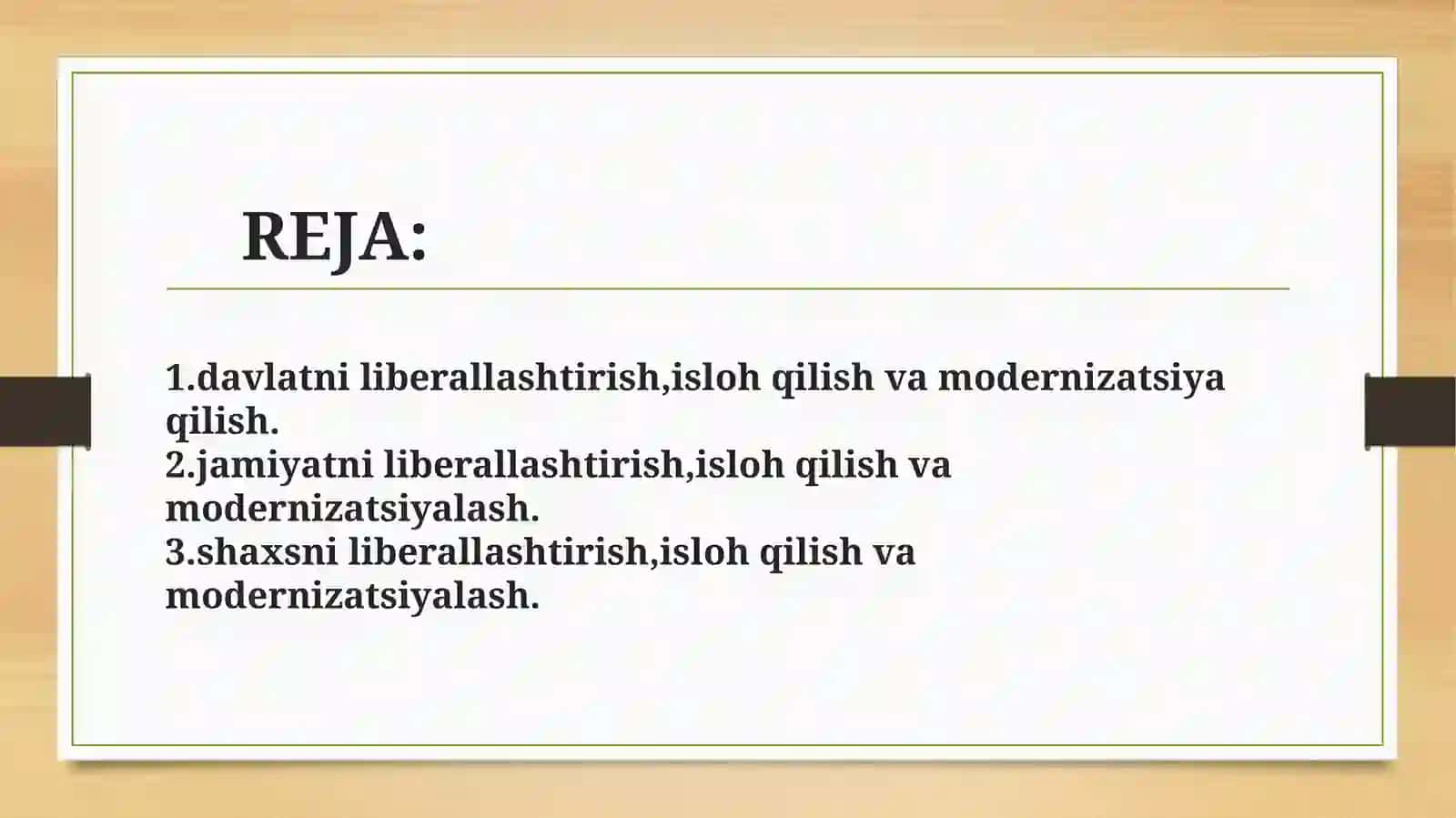 Harakatlar strategiyasida davlat, jamiyat va shaxsga oid sohalarini liberallashtirish, isloh qilish va modernizatsiyalash 2
