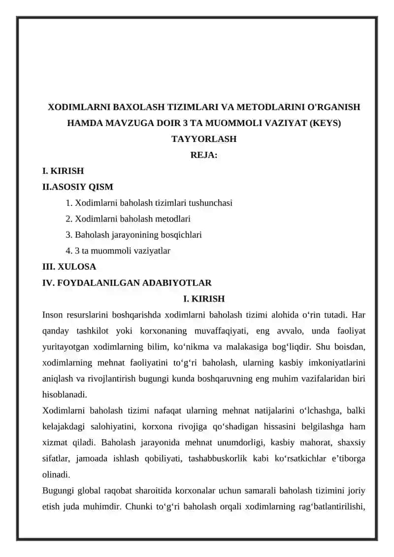 XODIMLARNI BAXOLASH TIZIMLARI VA METODLARINI O'RGANISH HAMDA MAVZUGA DOIR 3 TA MUOMMOLI VAZIYAT (KEYS) TAYYORLASH 2