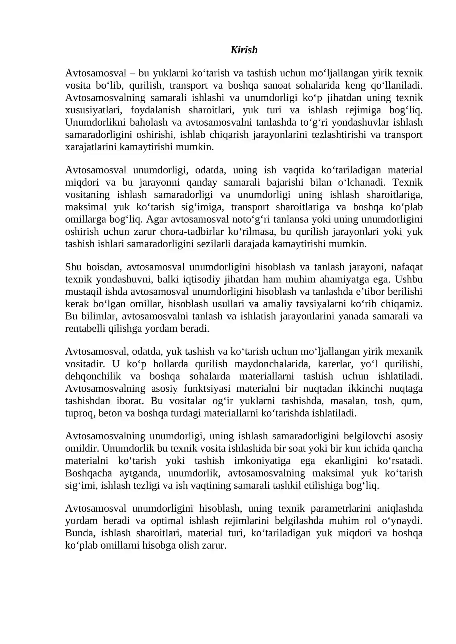 Avtosamosval unumdorligini hisoblash va tanlash 2