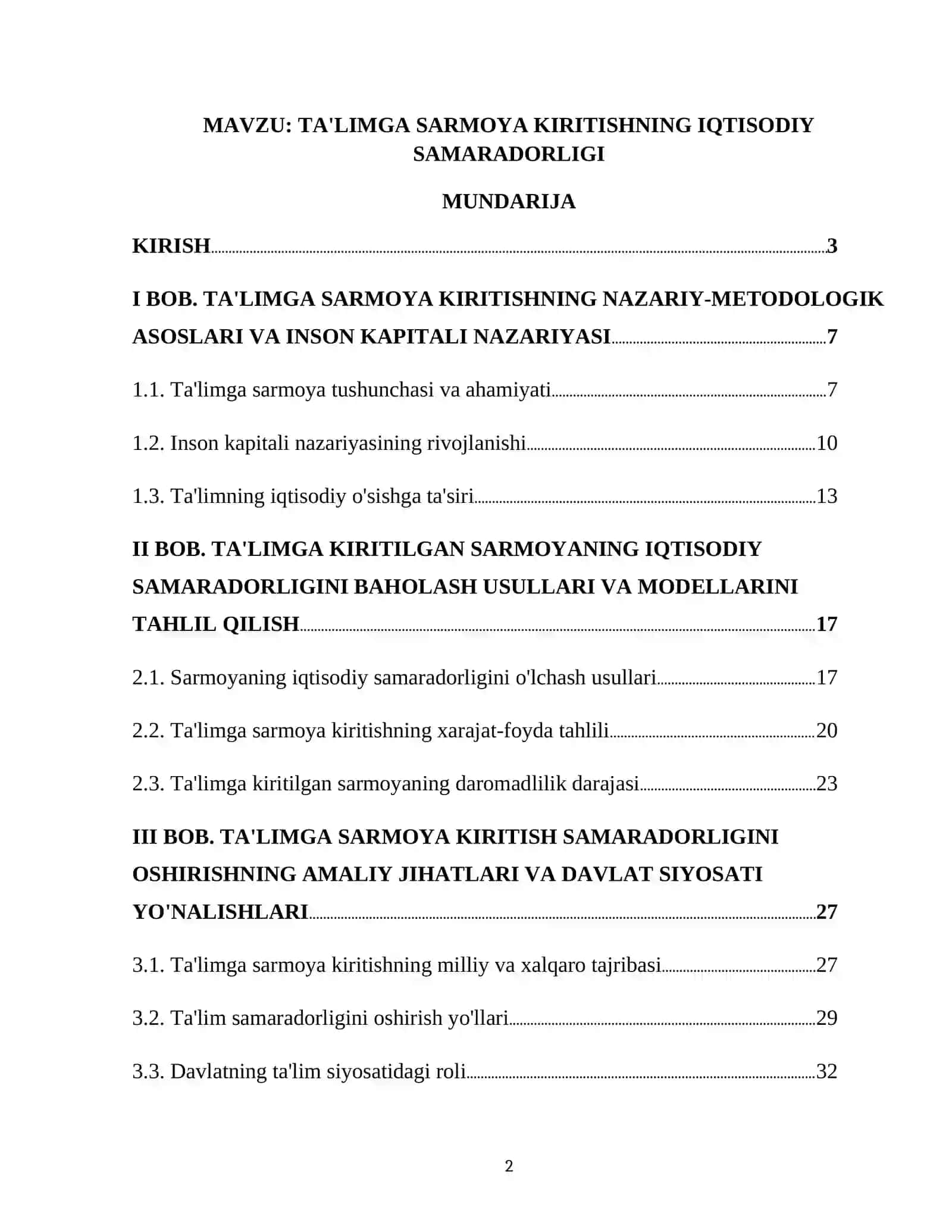 TA'LIMGA SARMOYA KIRITISHNING IQTISODIY SAMARADORLIGI 2