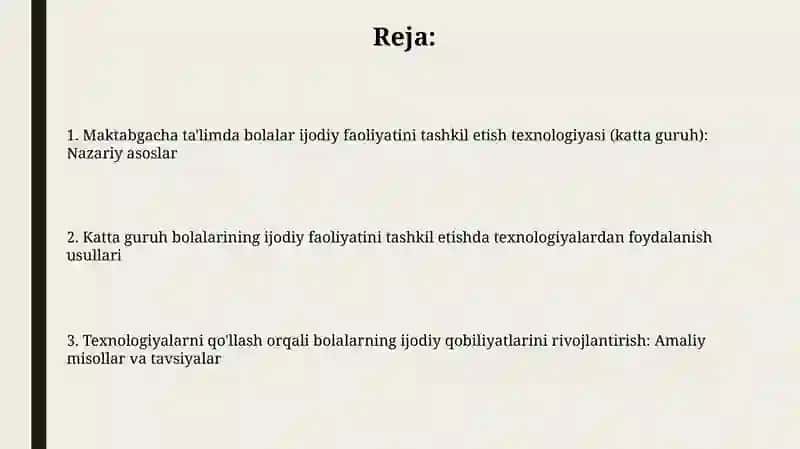 Maktabgacha ta'limda bolalarni ijodiy faoliyatini tashkil qilish texnologiyasi (katta guruh) 2