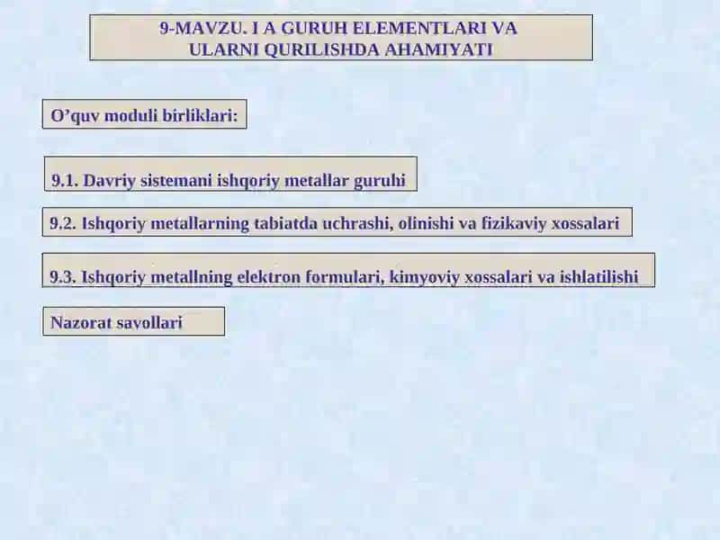 QURILISHKIMYOSI fanidan “I A guruh elementlari va ularni qurilishda ahamiyati” mavzusidagi ma’ruza 2