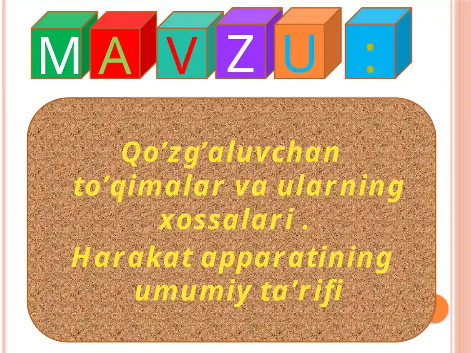 To’xtasinova Zarifaxon Muxammadjonovning FIZIOLOGIYA VA SPORTFIZIOLOGIYASI fanidan “Qo’zg’aluvchan to’qimalar va ularning xossalari. Harakat apparatining umumiy ta’rifi” 2