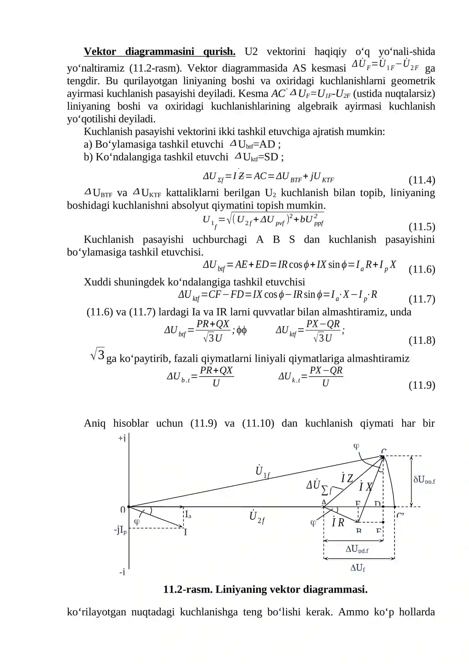 Kuchlanish pasayishi va yo’qotilishi. Liniya uchastkasining vektor diagrammasi 2