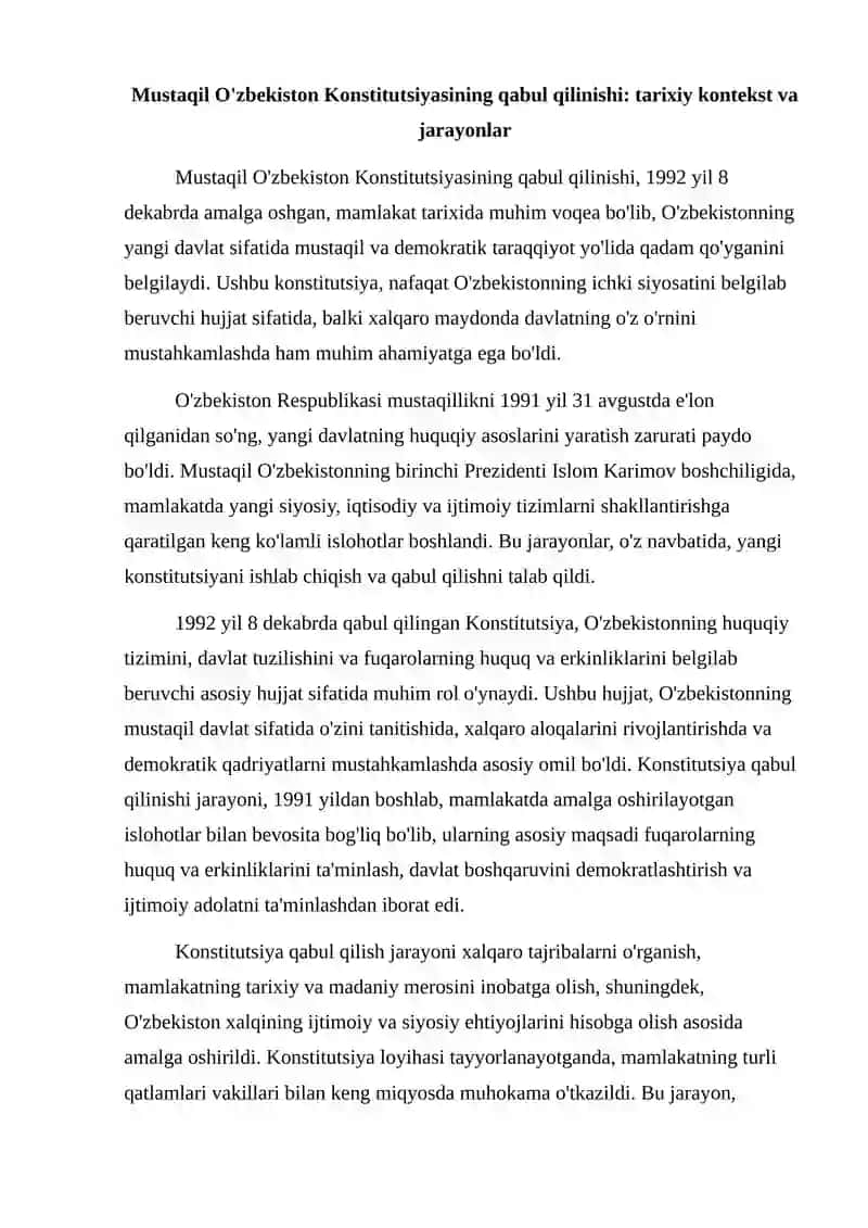 Mustaqil O'zbekiston Konstitutsiyasining qabul qilinishi va uning tarixiy ahamiyati 2