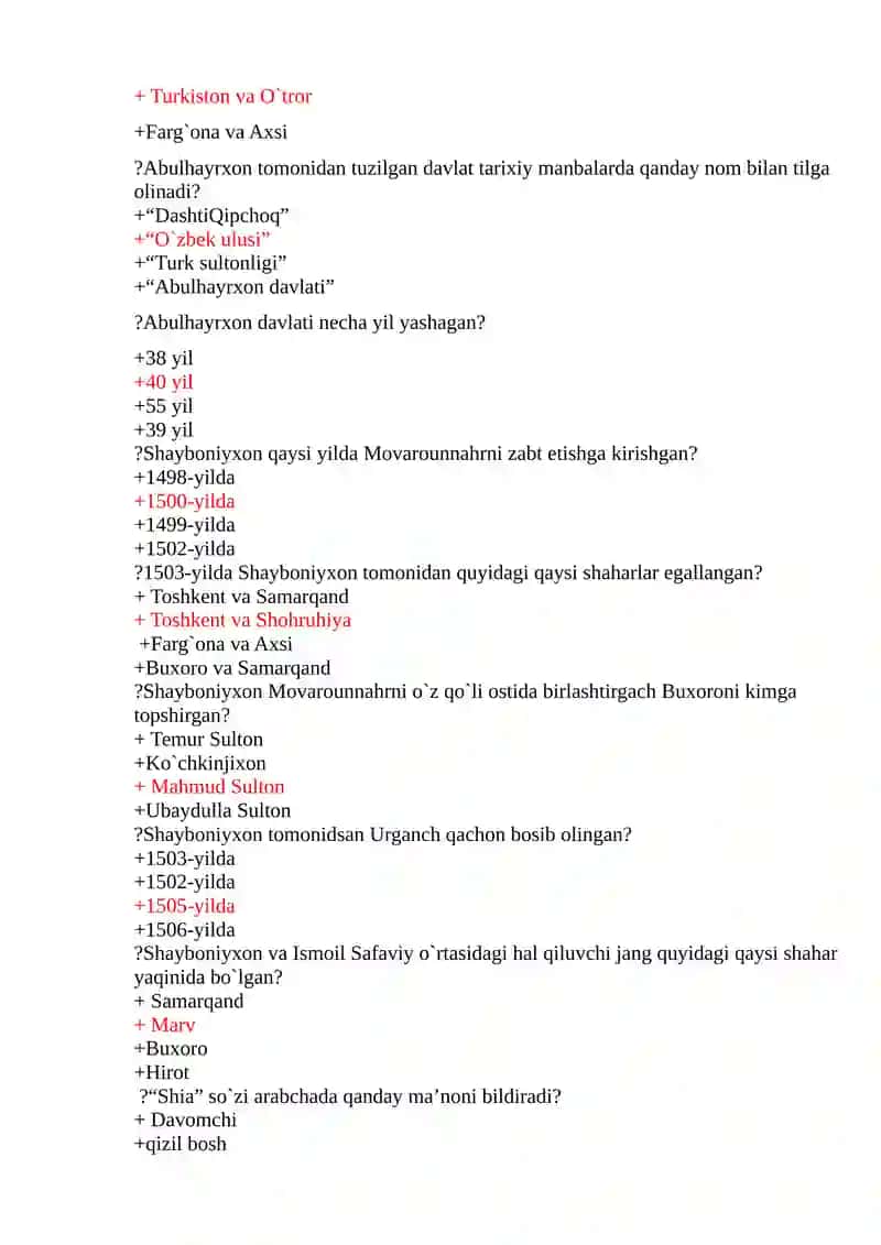 O’zbekiston tarixidan testlar 2