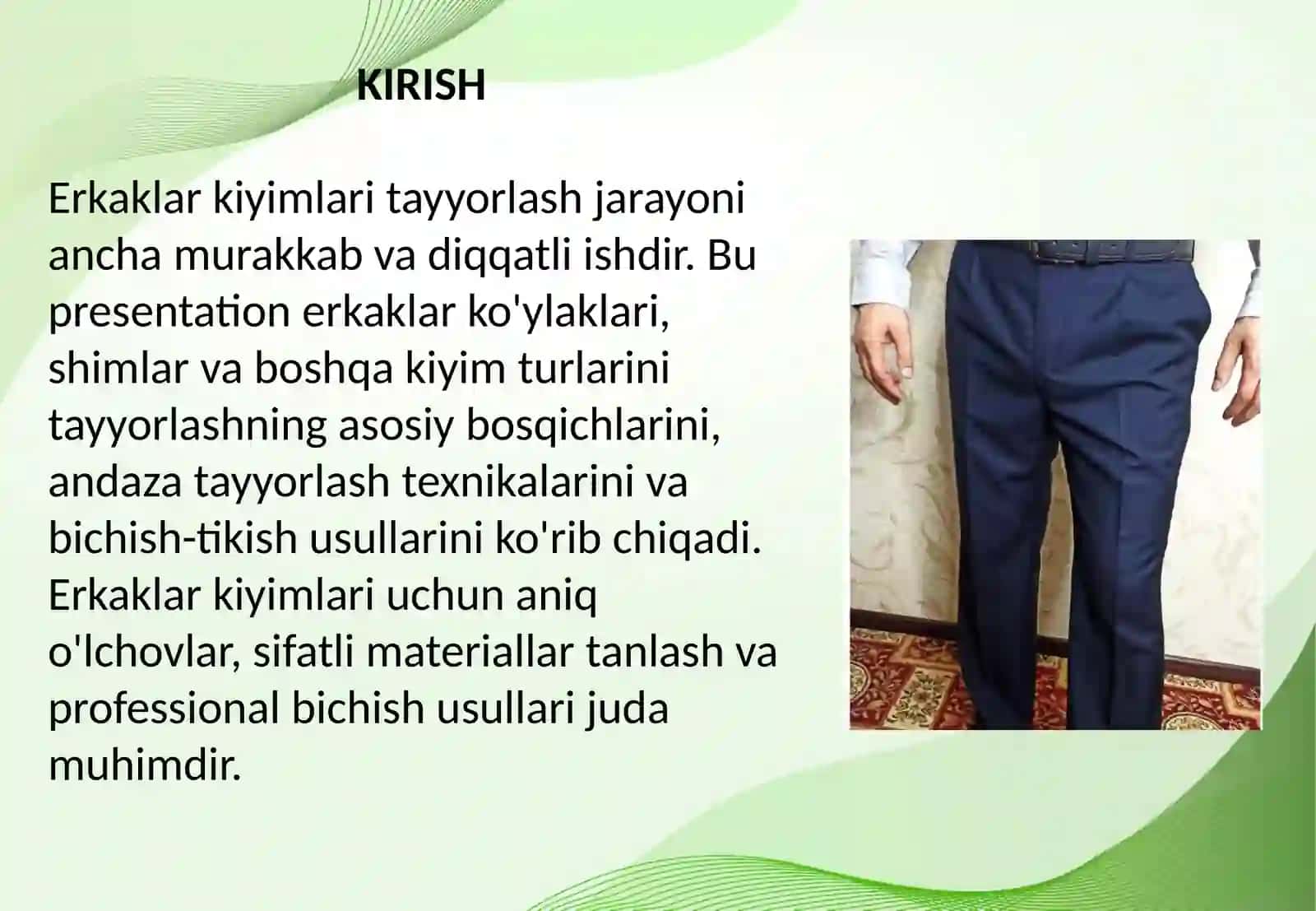 Erkaklar kiyimlariga andaza tayyorlash va bichish-tikish 2