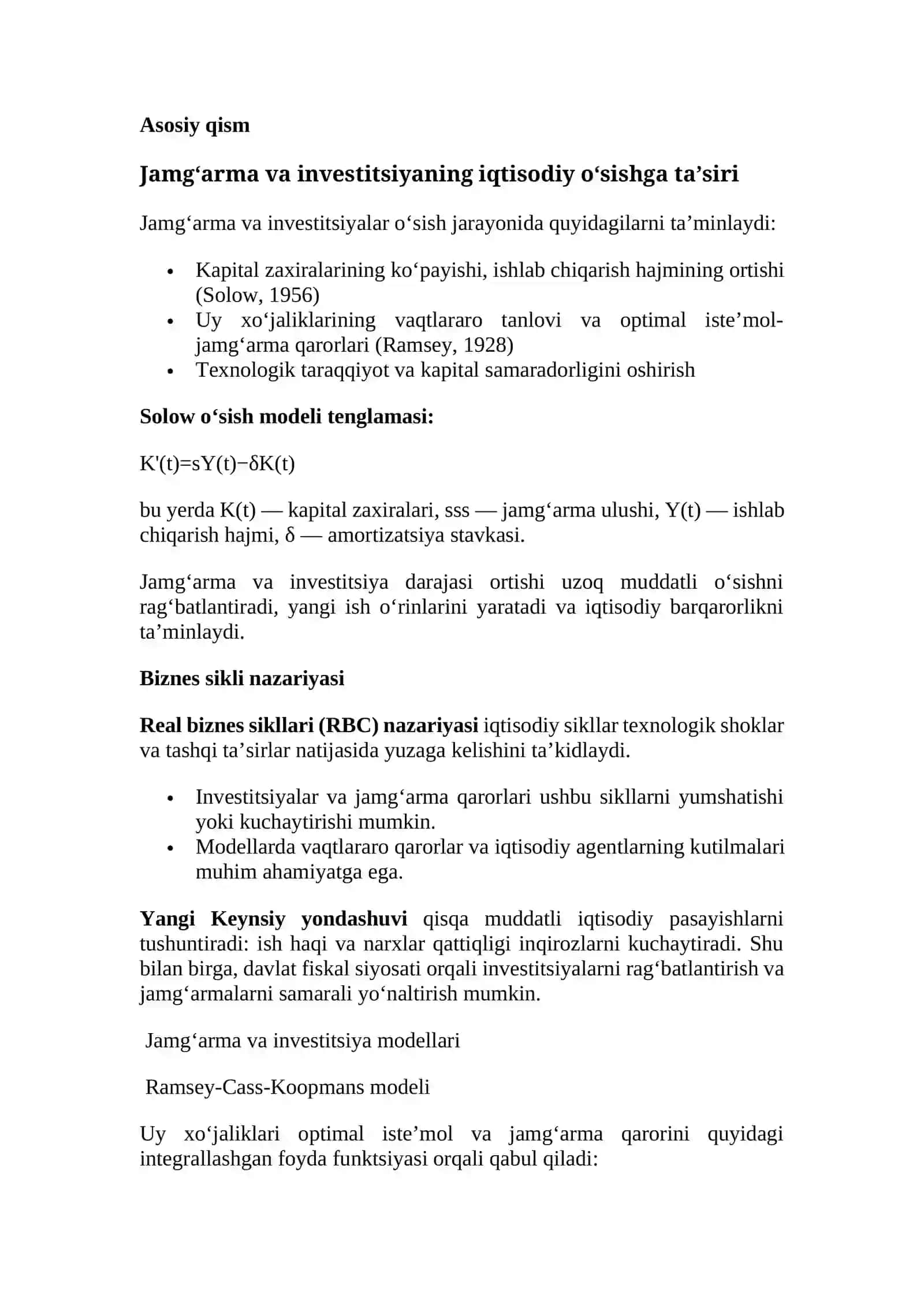 Dinamik Makroiqtisodiyot faniga tezi 2