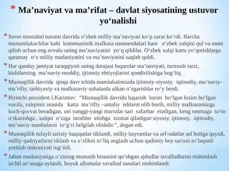 Ma’naviy hayotdagi o‘zgarishlar, madaniy taraqqiyot muammolari 2