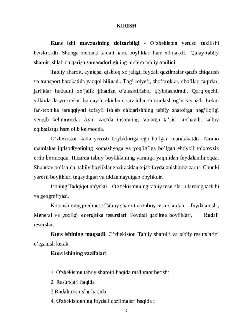 O’ZBEKISTONNING TABIIY RESURSLARI, ULARNING TARKIBI VA GEOGRAFIYASI 2