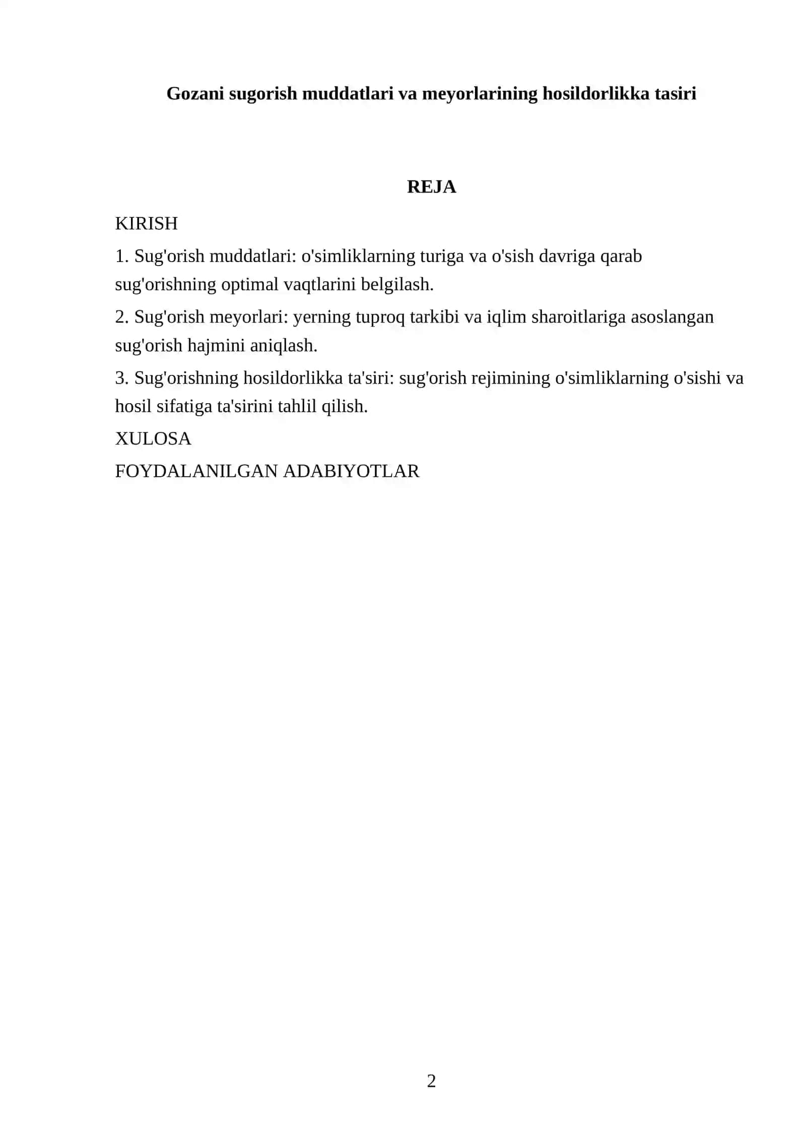 Gozani sugorish muddatlari va meyorlarining hosildorlikka tasiri 2