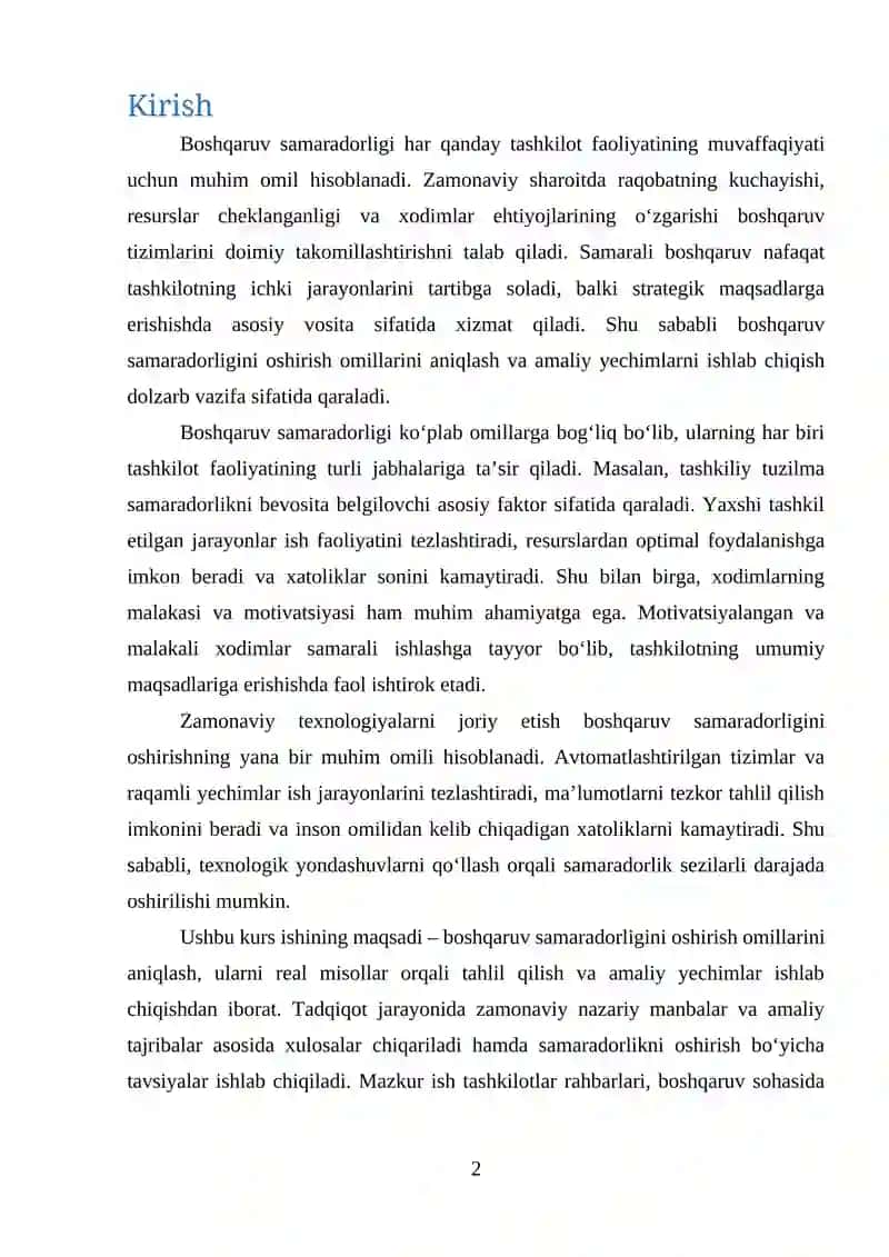 BOSHQARUV SAMARADORLIGINI OSHIRISH OMILLARI: REAL MISOLLAR VA YECHIMLAR 2
