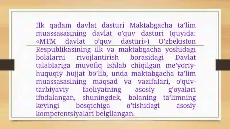 Ilk qadam davlat o’quv dasturi asosida Maktabgacha ta’lim tashkilotlarida faoliyat markazlarida ta’lim jarayonlarini tashkil qilish 2
