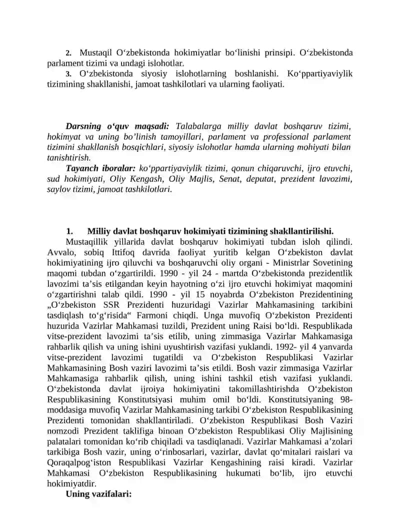 O`zbekistonda demokratik, fuqarolik jamiyati asoslariningshakllanishi, amalga oshirilgan siyosiy islohotlar 2