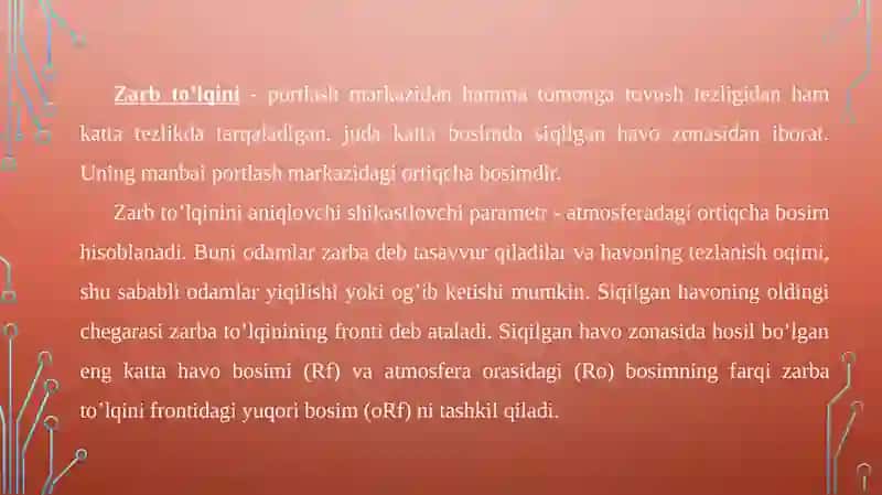 To`lqin zarbi. Jabrlanish zonalari tavsifi. Yoruglik ajralishi. Otuvchi nurlar 2