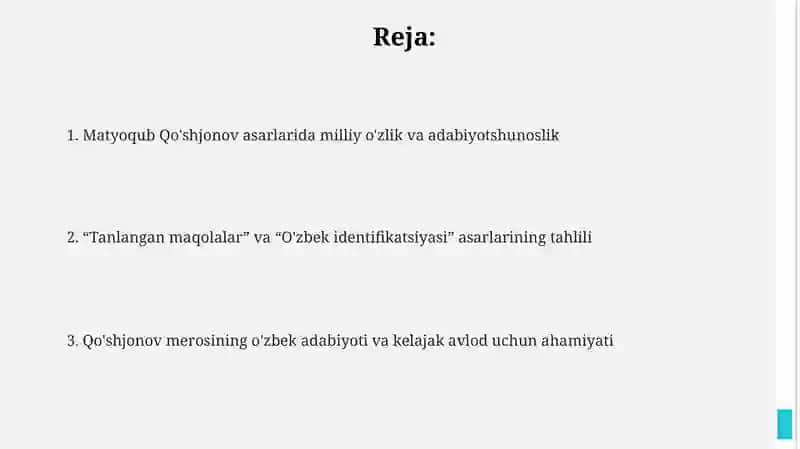 Matyoqub Qo'shjonovning ''Saylanma'' maqolalar to'plami va ''O'zbekning o'zligi'' asari tahlili 2