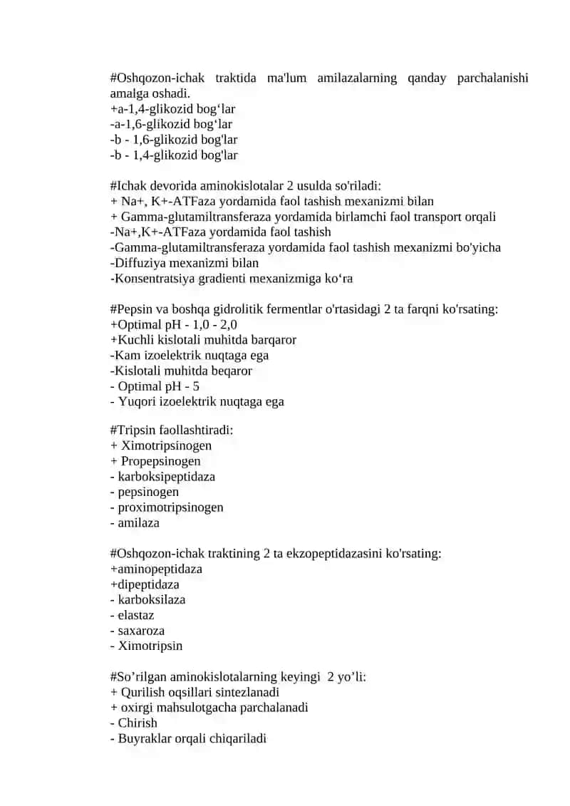 OSHQOZON – ICHAK BIOKIMYOSI TEST 2