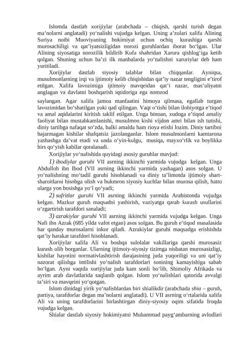 ISLOM DINING YO‘NALISHLARI, OQIMLARI VA DINIY HUQUQIY MAKTABLARI 2