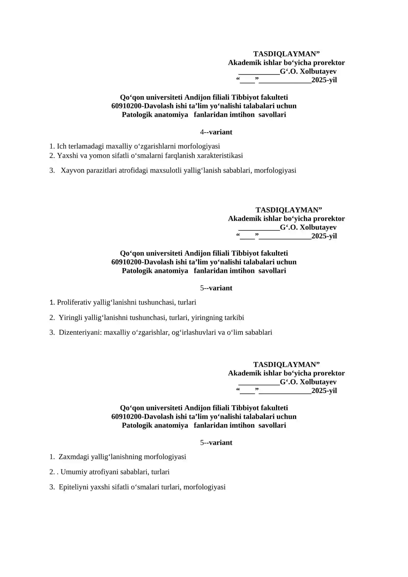 Patologik anatomiya fanlaridan imtihon savollari 2