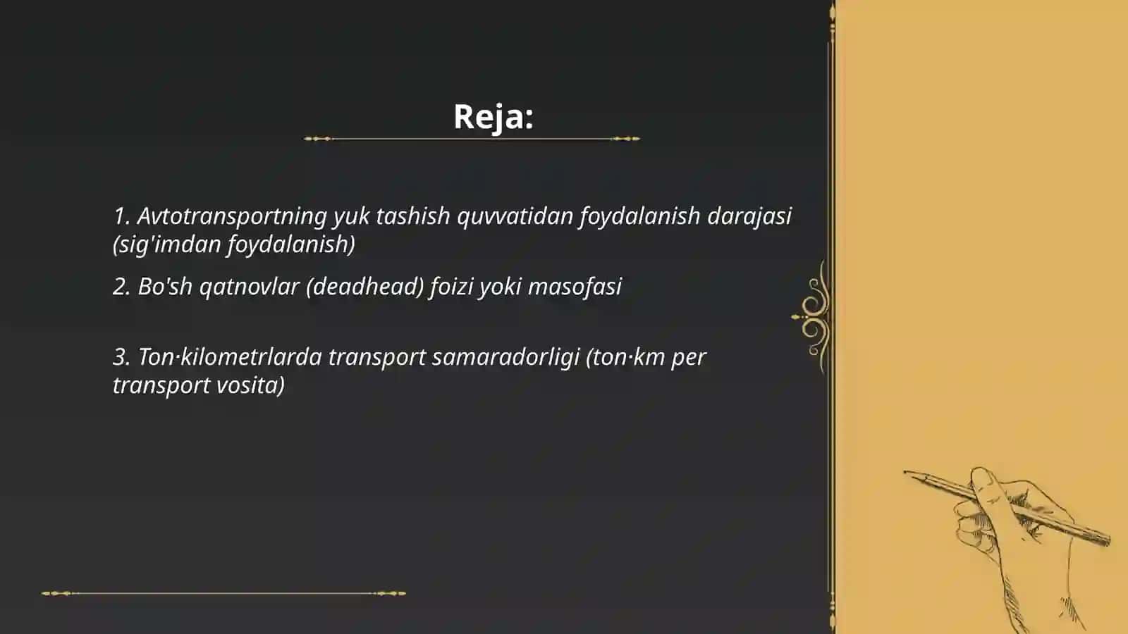 Yuk tashishda harakatlanuvchi tartibdan samarali foydalanish darajasini tafsiflaydigan kórsatkichlar 2