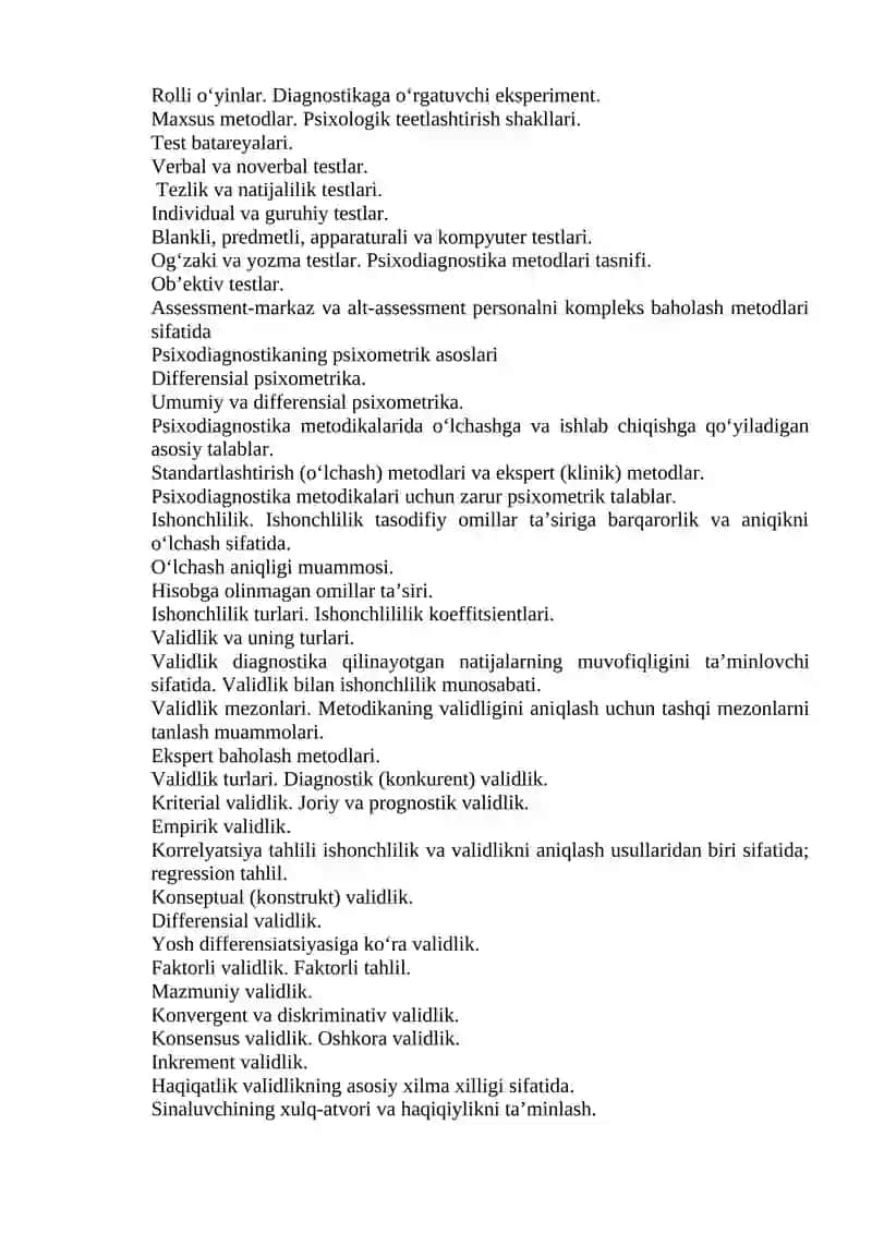 Umumiy psixodiagnostika fani bo`yicha nazorat savollari (3-kurs sirtqi, ikkinchi mutaxassislik) 2