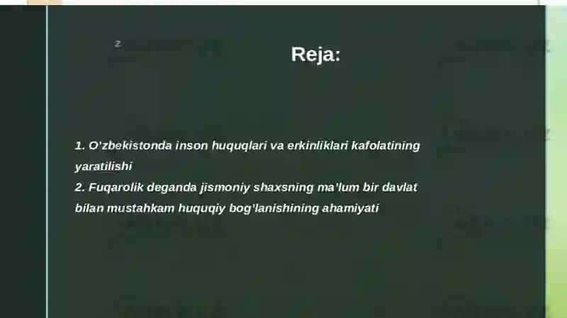 O`zbekistondai nson huquqlari va erkinliklari kafolatlarining yaratilishi 2