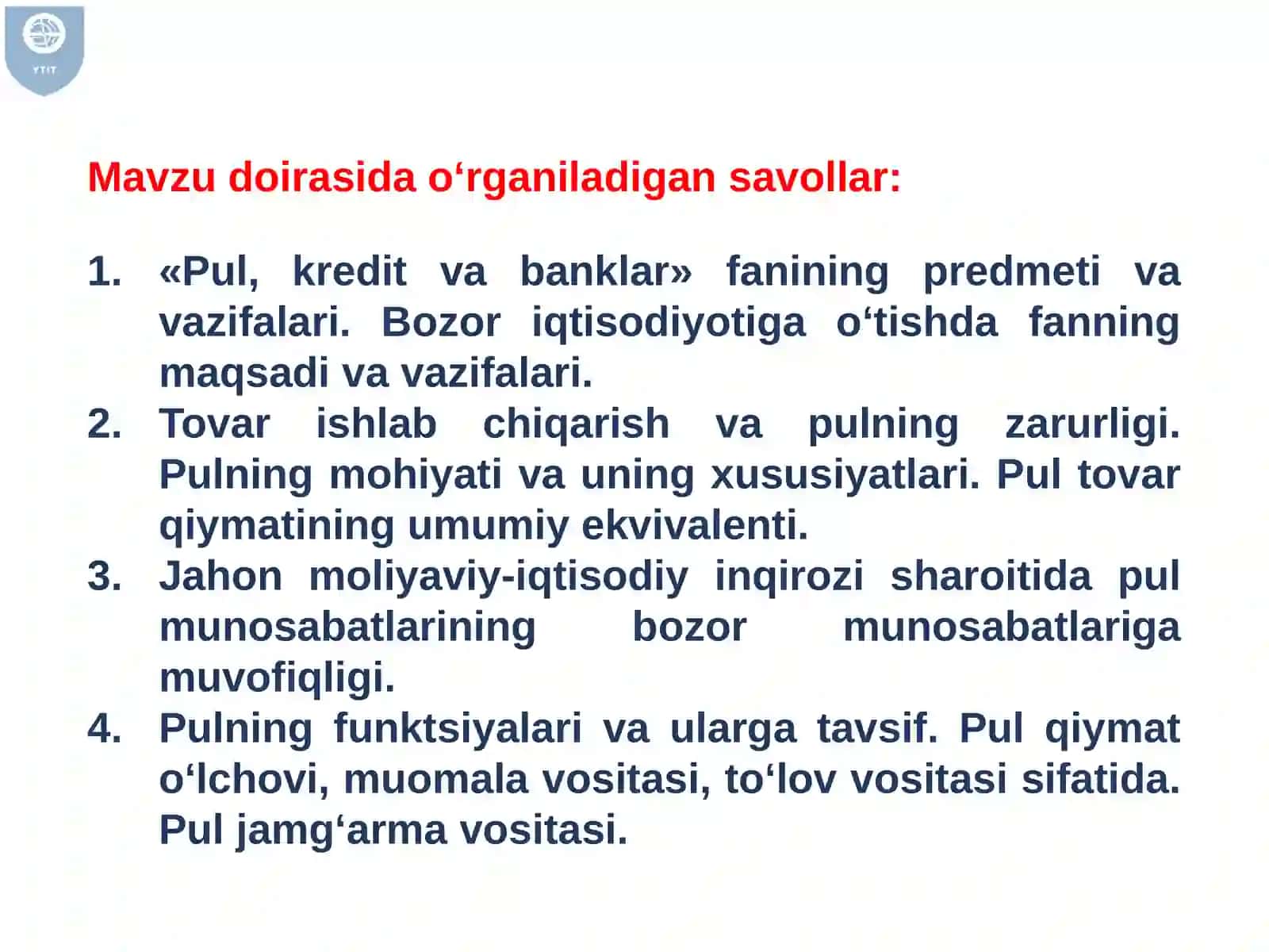 Pulning paydo bo‘lishi, zarurligi va funksiyalari. Pul nazariyasi 2