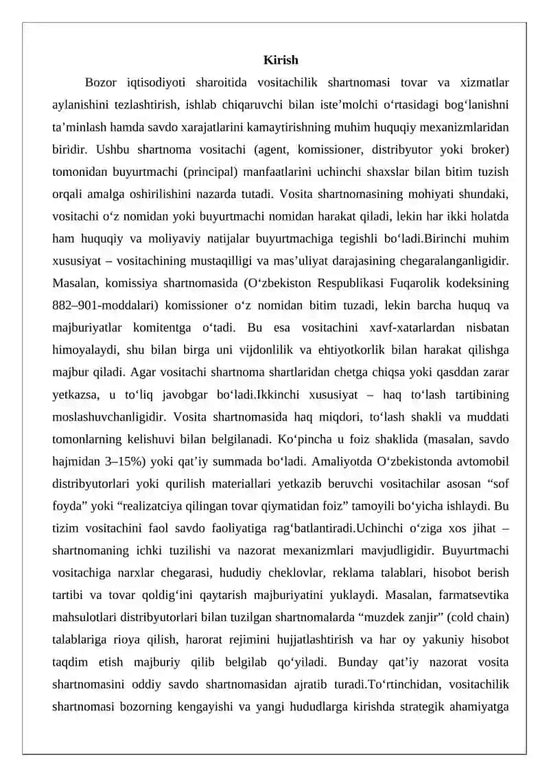 Bozor iqtisodiyoti sharoitida vositachilik shartnomasi 2