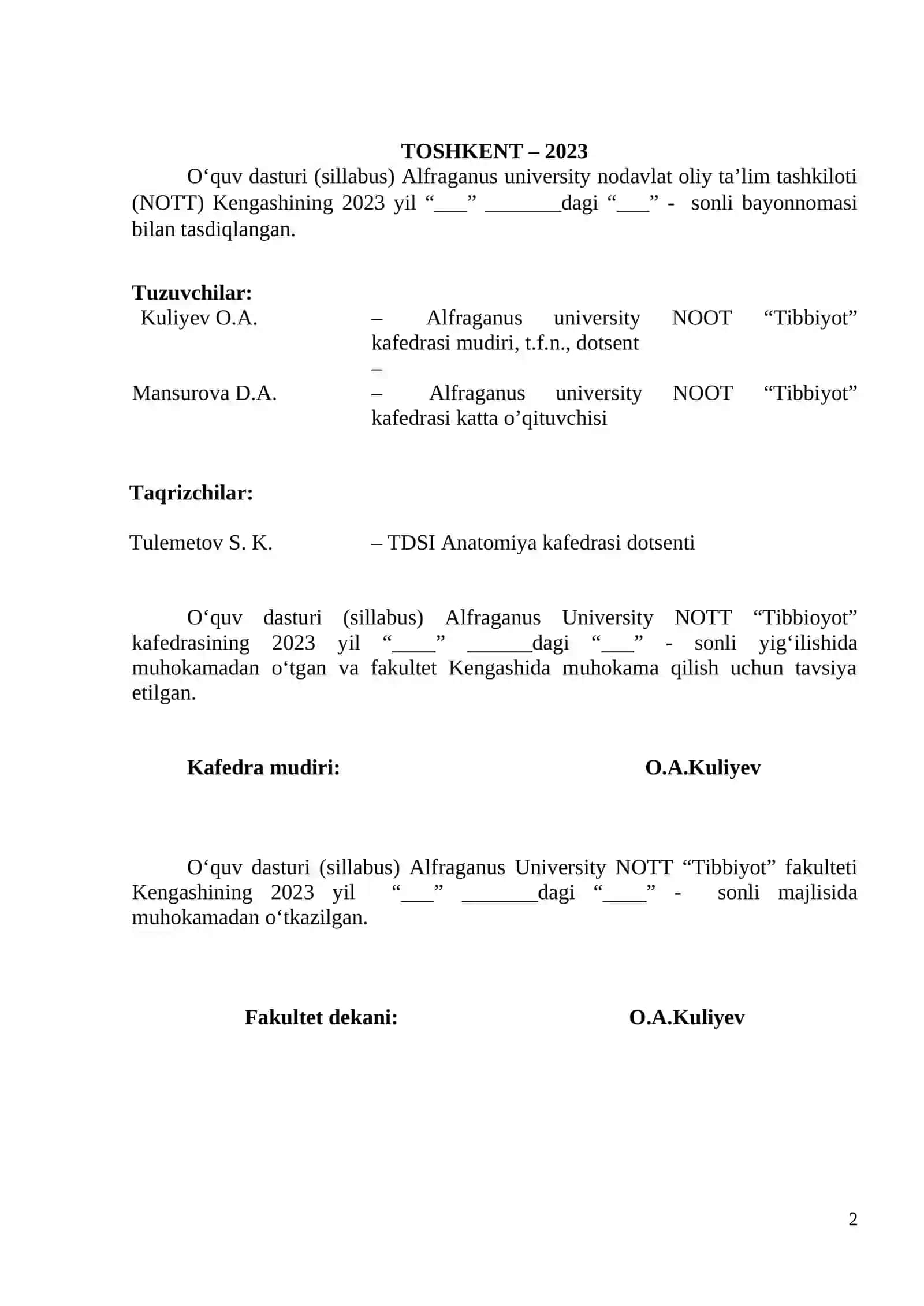 BOSH VA BO`YIN ANATOMIYASI O‘QUV DASTURI (SILLABUS) 2