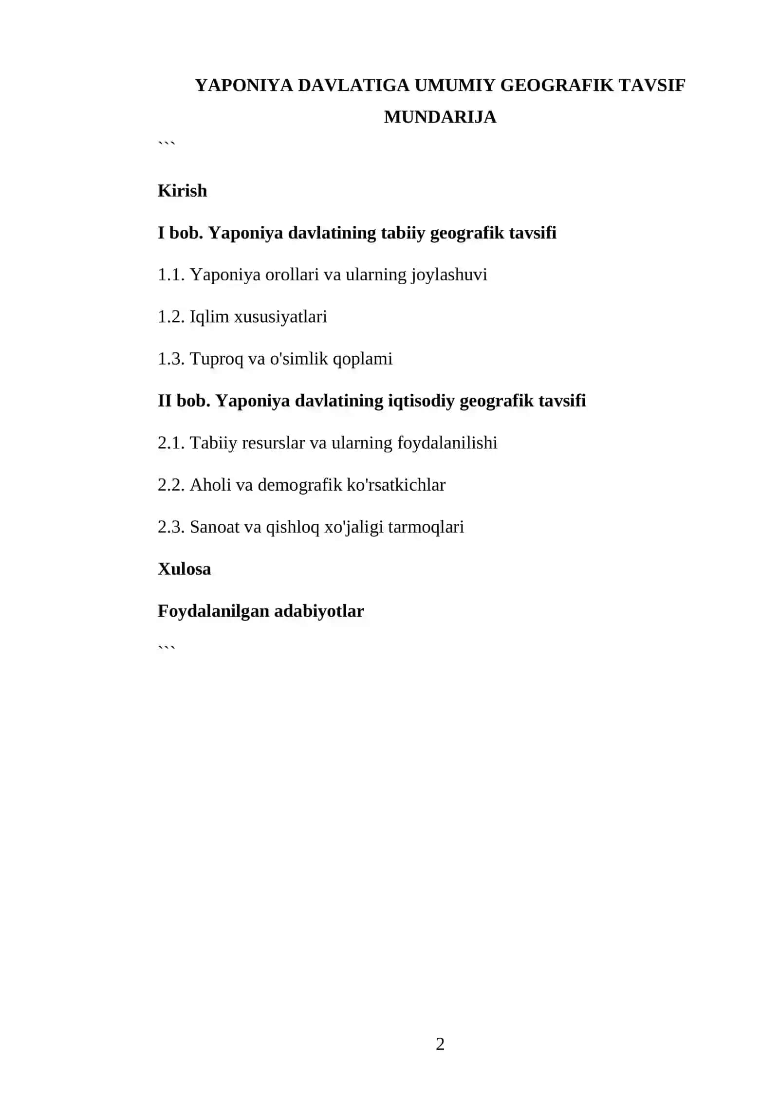 JAHON GEOGRAFIYASI FANIDAN TAYYORLAGAN KURS ISHI 2