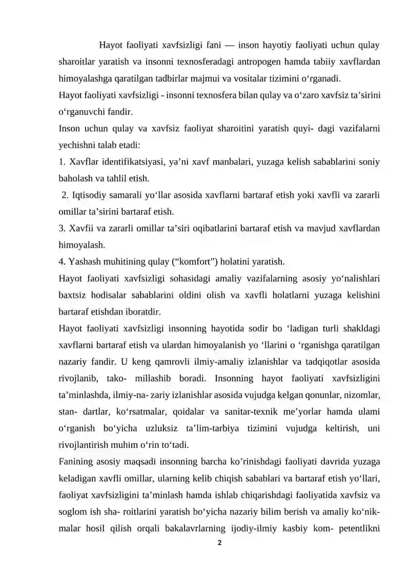 Hayot faoliyati xavfsizligi fanining bugungi kundagi ahamiyati 2