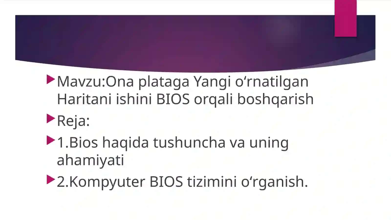 Onaplataga YangioʻrnatilganHaritaniishini BIOS orqali boshqarish 2