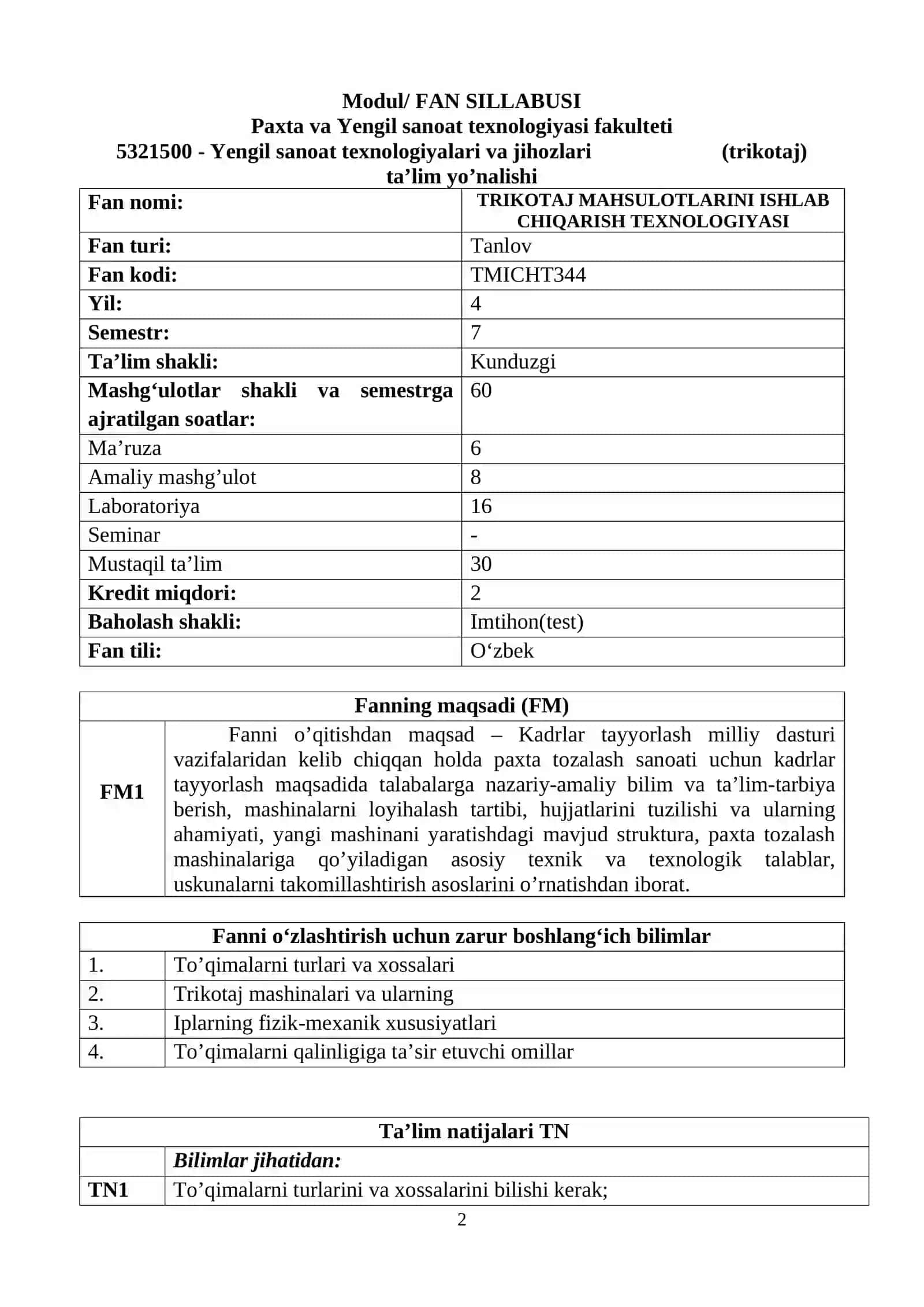 TRIKOTAJ MAHSULOTLARINI ISHLAB CHIQARISH TEXNOLOGIYASI 2